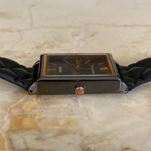 NEW Tahari Diamond Tank Style Quartz Watch Black & Rose Gold Faux Leather Strap - Picture 11 of 13